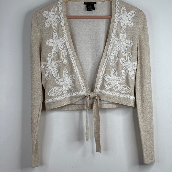Vintage Y2K Embroidered Shrug Cardigan Sweater M Cropped Tie Front Cottage Fairy - Picture 1 of 8